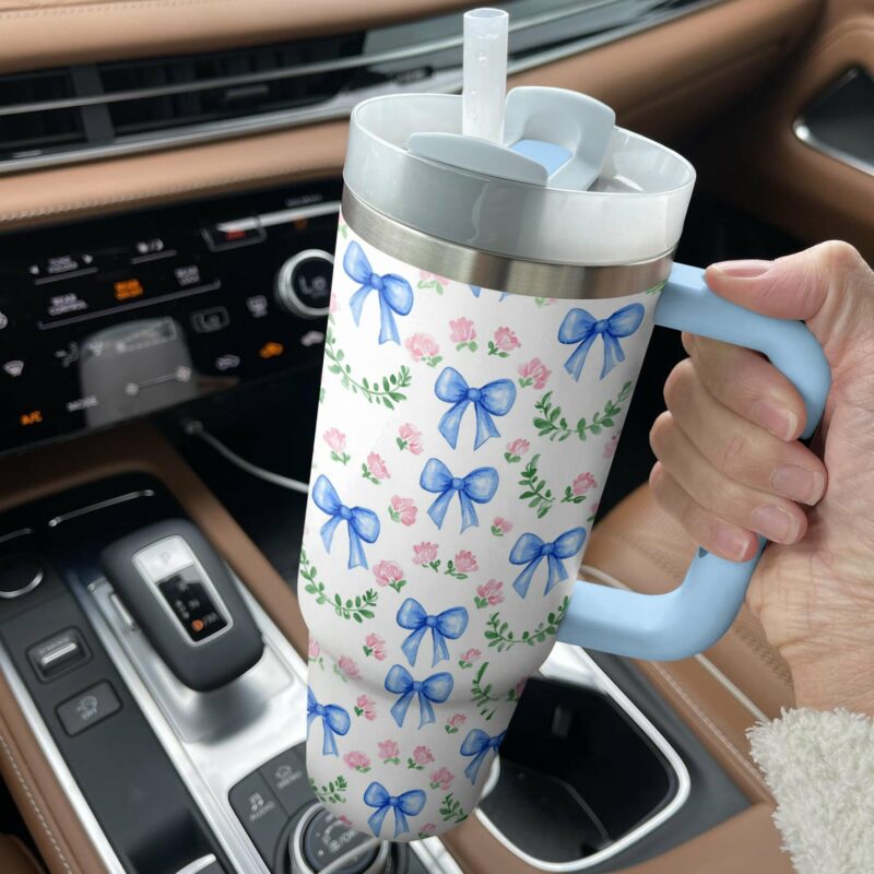 Pretty blue Bows Custom Stanley Quencher 40oz Stainless Steel Tumbler With Handle - Threewoofs - Image 2
