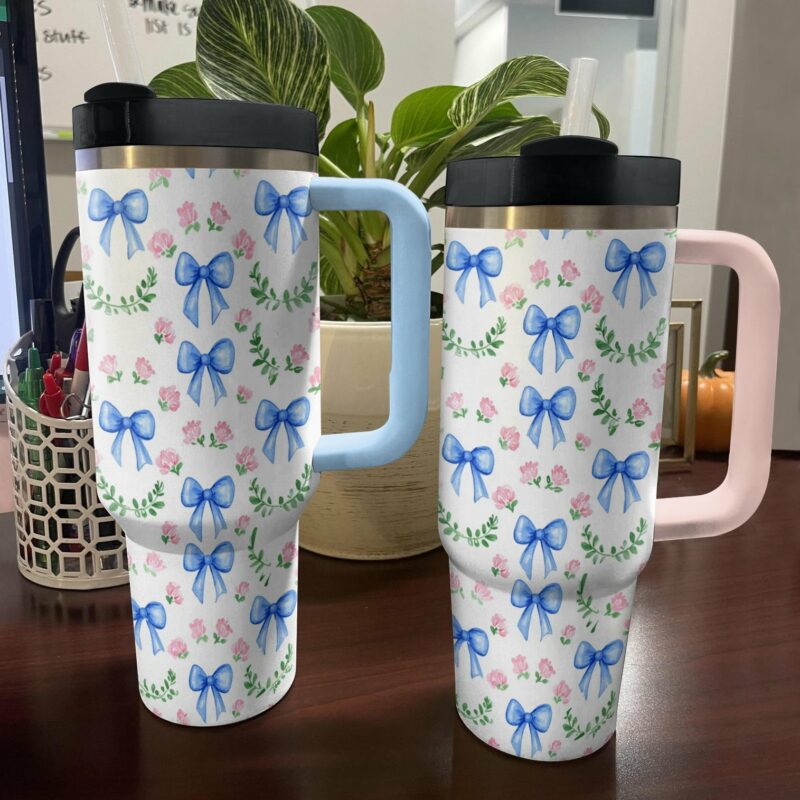 Pretty blue Bows Custom Stanley Quencher 40oz Stainless Steel Tumbler With Handle - Threewoofs - Image 4