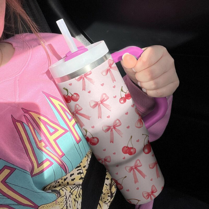 Pretty pink Bows and Cherries Custom Stanley Quencher 40oz Stainless Steel Tumbler With Handle - Threewoofs - Image 2