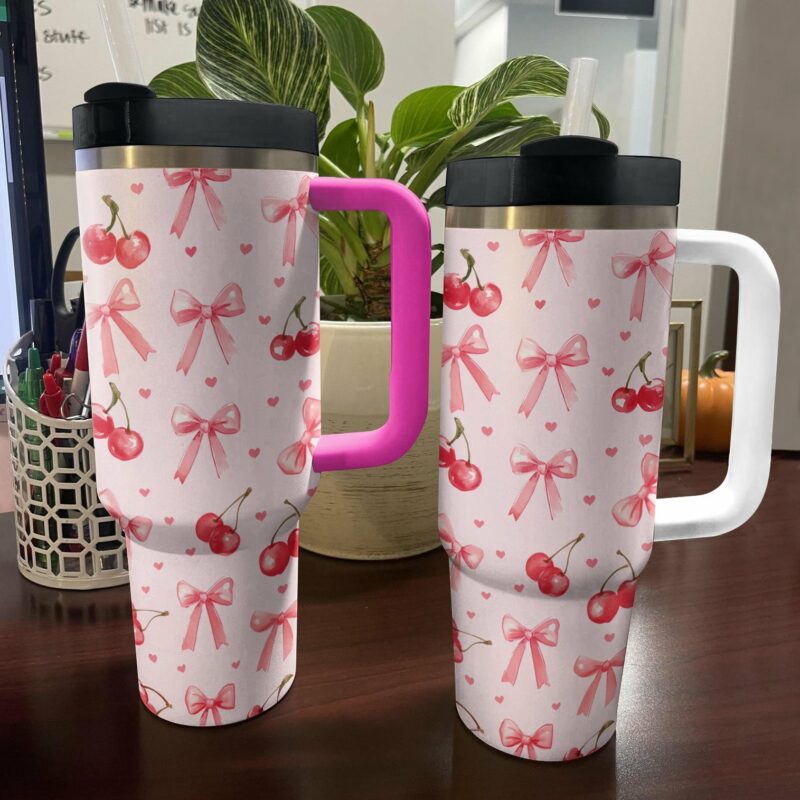 Pretty pink Bows and Cherries Custom Stanley Quencher 40oz Stainless Steel Tumbler With Handle - Threewoofs - Image 4