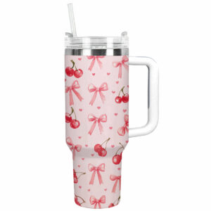 Pretty pink Bows and Cherries Custom Stanley Quencher 40oz Stainless Steel Tumbler With Handle - Threewoofs