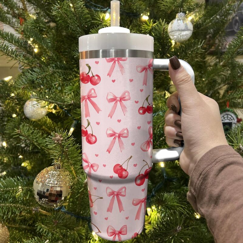 Pretty pink Bows and Cherries Custom Stanley Quencher 40oz Stainless Steel Tumbler With Handle - Threewoofs - Image 3