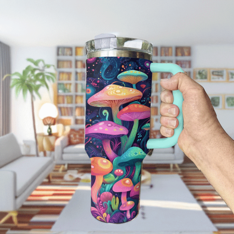 Psychedelic Mushroom Wonderland  Custom Stanley Quencher 40oz Stainless Steel Tumbler With Handle - Threewoofs - Image 4