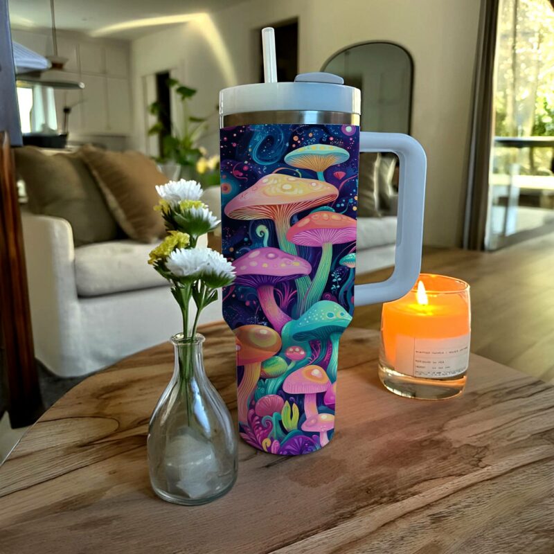 Psychedelic Mushroom Wonderland  Custom Stanley Quencher 40oz Stainless Steel Tumbler With Handle - Threewoofs - Image 3