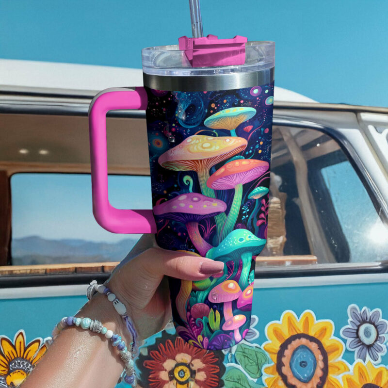 Psychedelic Mushroom Wonderland  Custom Stanley Quencher 40oz Stainless Steel Tumbler With Handle - Threewoofs - Image 2