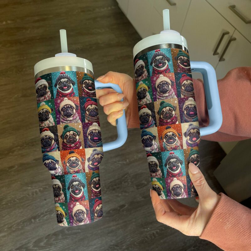 Pug Cozy Winter Christmas Custom Stanley Quencher 40oz Stainless Steel Tumbler With Handle - Threewoofs - Image 2
