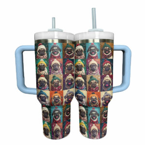 Pug Cozy Winter Christmas Custom Stanley Quencher 40oz Stainless Steel Tumbler With Handle - Threewoofs