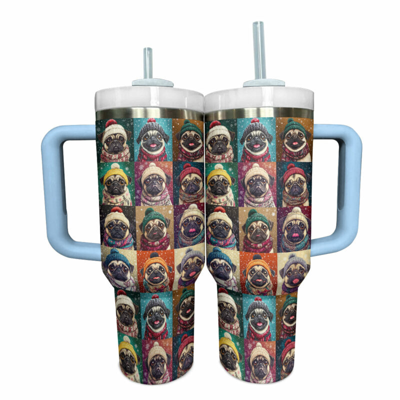 Pug Cozy Winter Christmas Custom Stanley Quencher 40oz Stainless Steel Tumbler With Handle - Threewoofs