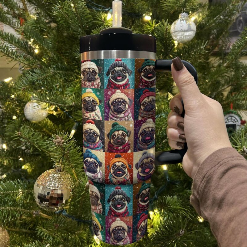 Pug Cozy Winter Christmas Custom Stanley Quencher 40oz Stainless Steel Tumbler With Handle - Threewoofs - Image 3