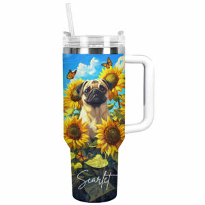 Pug Dog And Sunflower Custom Stanley Quencher 40oz Stainless Steel Tumbler With Handle - Threewoofs