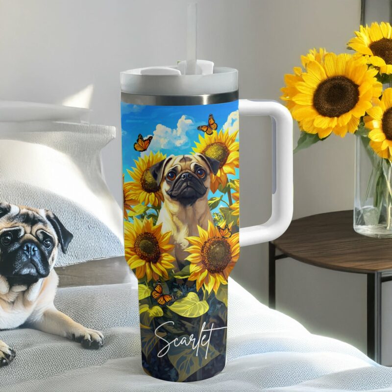Pug Dog And Sunflower Custom Stanley Quencher 40oz Stainless Steel Tumbler With Handle - Threewoofs - Image 2