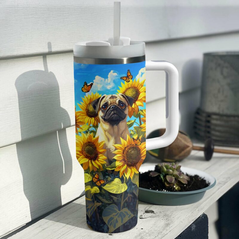 Pug Dog And Sunflower Custom Stanley Quencher 40oz Stainless Steel Tumbler With Handle - Threewoofs - Image 4