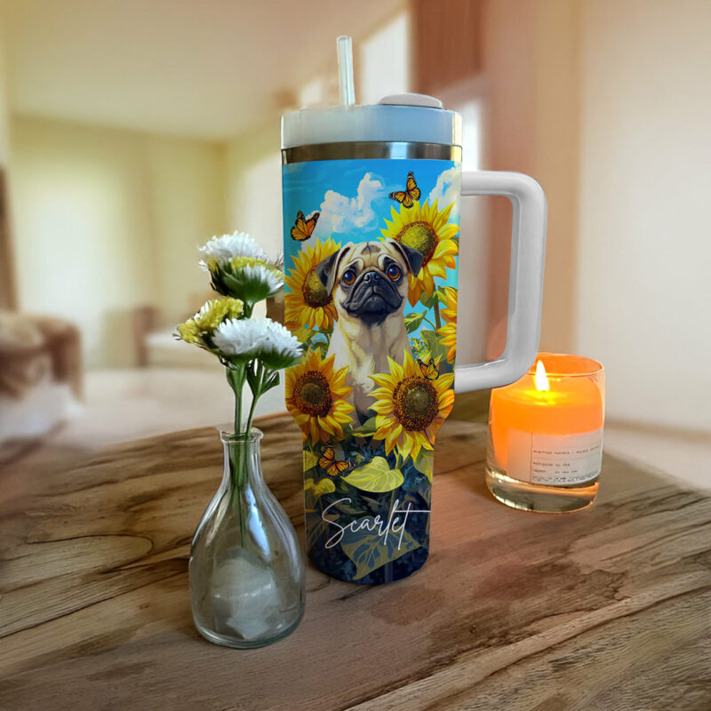 Pug Dog And Sunflower Custom Stanley Quencher 40oz Stainless Steel Tumbler With Handle - Threewoofs - Image 3