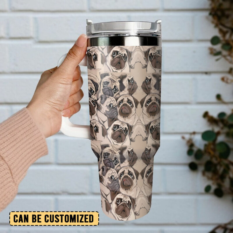 Pug Dog Characters Custom Stanley Quencher 40oz Stainless Steel Tumbler With Handle - Threewoofs - Image 3
