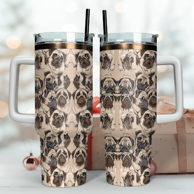 Pug Dog Characters Custom Stanley Quencher 40oz Stainless Steel Tumbler With Handle - Threewoofs - Image 4