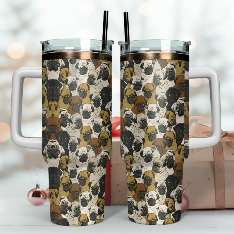 Pug Dog Faces Portrait Custom Stanley Quencher 40oz Stainless Steel Tumbler With Handle - Threewoofs - Image 4