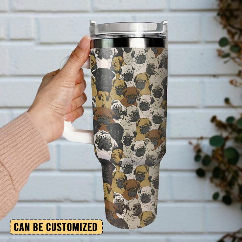 Pug Dog Faces Portrait Custom Stanley Quencher 40oz Stainless Steel Tumbler With Handle - Threewoofs - Image 3