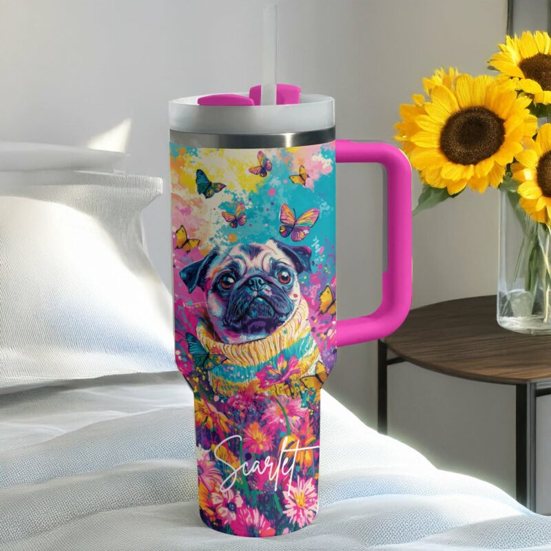 Puggy Dog Floral Paradise Custom Stanley Quencher 40oz Stainless Steel Tumbler With Handle - Threewoofs - Image 3
