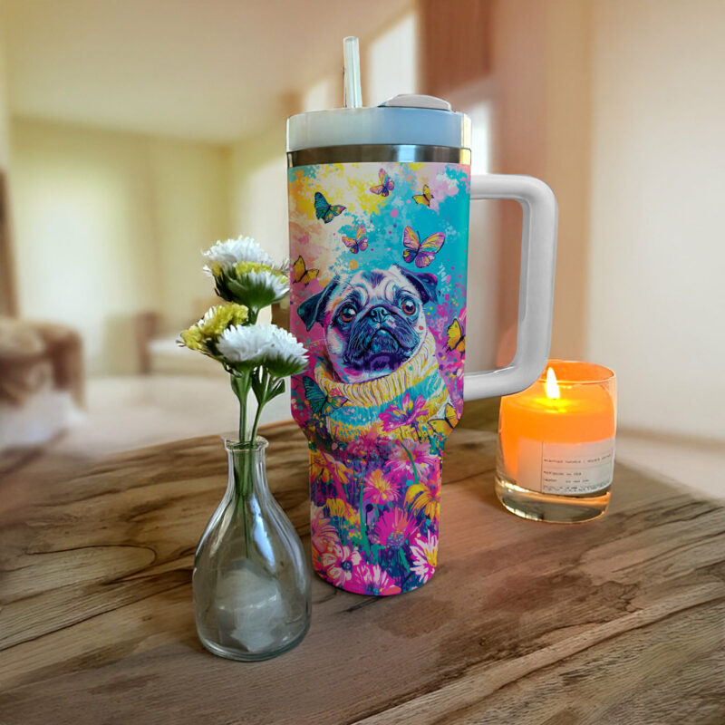 Puggy Dog Floral Paradise Custom Stanley Quencher 40oz Stainless Steel Tumbler With Handle - Threewoofs - Image 4