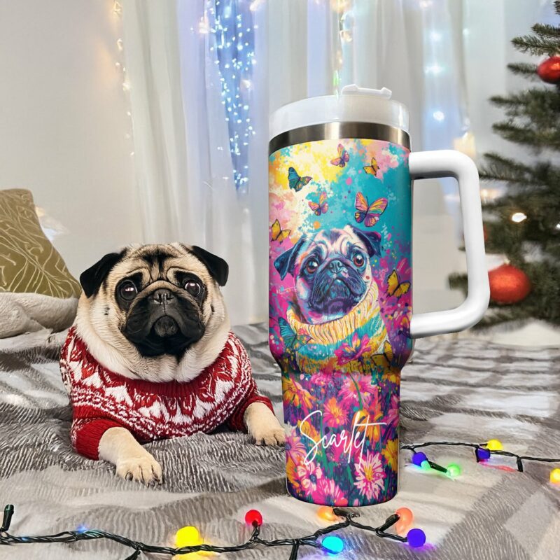 Puggy Dog Floral Paradise Custom Stanley Quencher 40oz Stainless Steel Tumbler With Handle - Threewoofs - Image 2