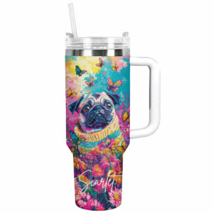 Puggy Dog Floral Paradise Custom Stanley Quencher 40oz Stainless Steel Tumbler With Handle - Threewoofs