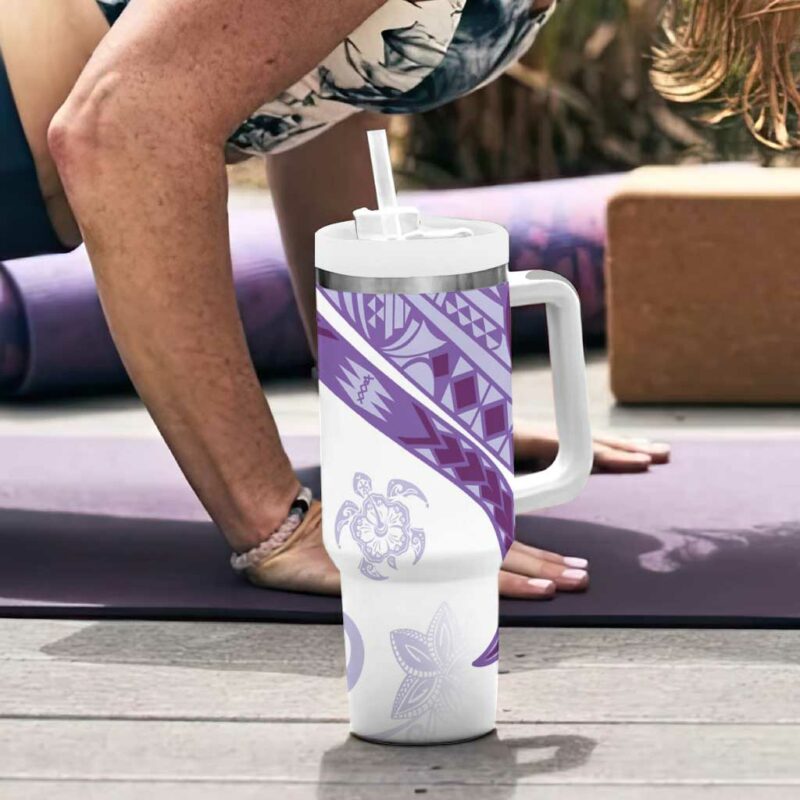 Purple Polynesian Tribal Turtle Floral Custom Stanley Quencher 40oz Stainless Steel Tumbler With Handle - Threewoofs - Image 6