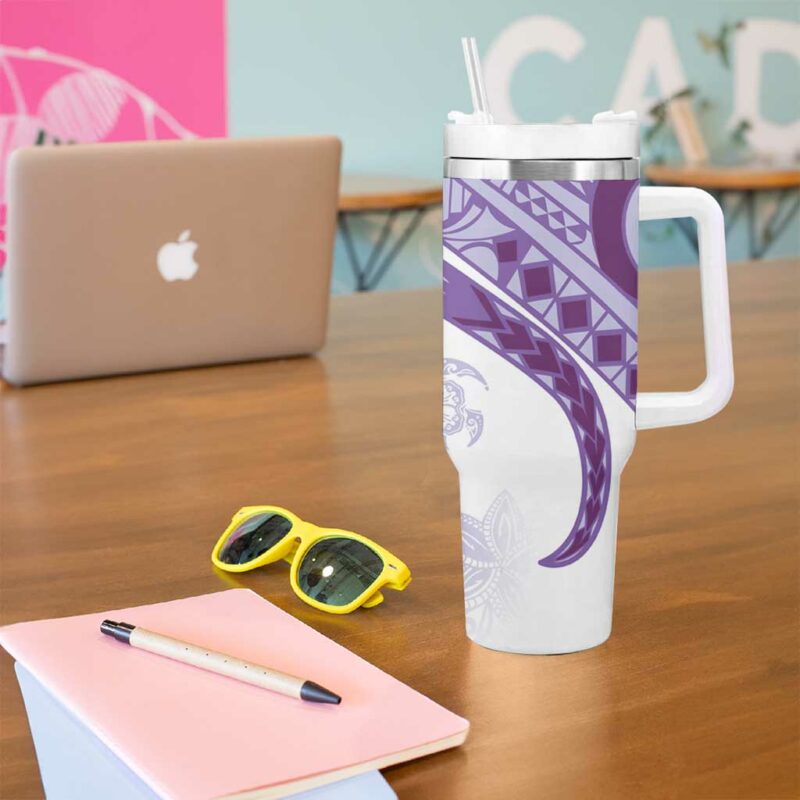 Purple Polynesian Tribal Turtle Floral Custom Stanley Quencher 40oz Stainless Steel Tumbler With Handle - Threewoofs - Image 5