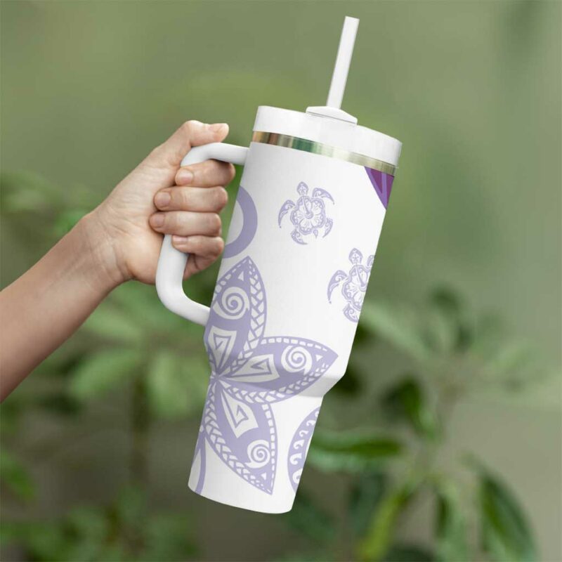 Purple Polynesian Tribal Turtle Floral Custom Stanley Quencher 40oz Stainless Steel Tumbler With Handle - Threewoofs - Image 3