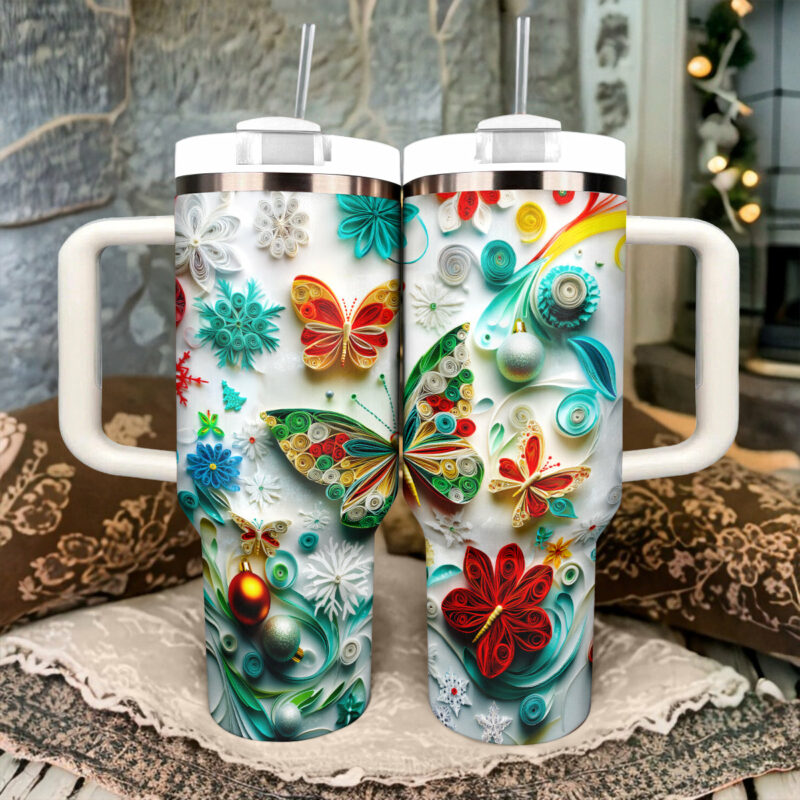 Quilled Winter Wonderland Butterfly Christmas Custom Stanley Quencher 40oz Stainless Steel Tumbler With Handle - Threewoofs - Image 2