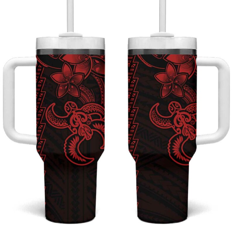 Red Hawaiian Kakau Turtle Polynesian Tribal Custom Stanley Quencher 40oz Stainless Steel Tumbler With Handle - Threewoofs