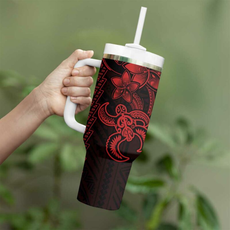 Red Hawaiian Kakau Turtle Polynesian Tribal Custom Stanley Quencher 40oz Stainless Steel Tumbler With Handle - Threewoofs - Image 3