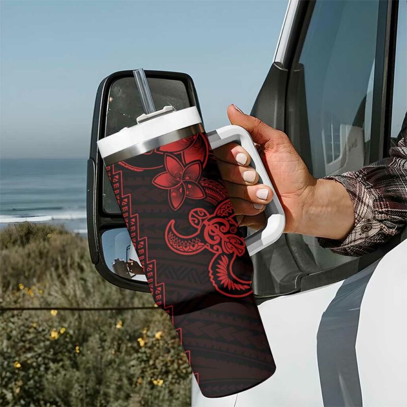 Red Hawaiian Kakau Turtle Polynesian Tribal Custom Stanley Quencher 40oz Stainless Steel Tumbler With Handle - Threewoofs - Image 7