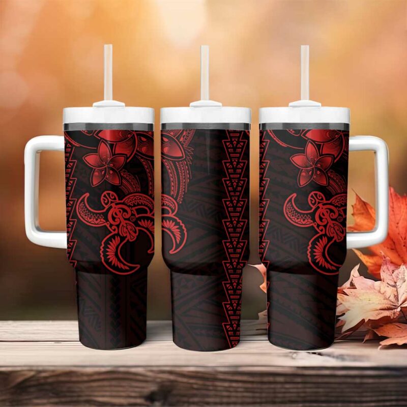 Red Hawaiian Kakau Turtle Polynesian Tribal Custom Stanley Quencher 40oz Stainless Steel Tumbler With Handle - Threewoofs - Image 4