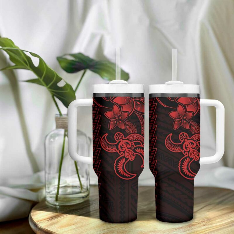 Red Hawaiian Kakau Turtle Polynesian Tribal Custom Stanley Quencher 40oz Stainless Steel Tumbler With Handle - Threewoofs - Image 9