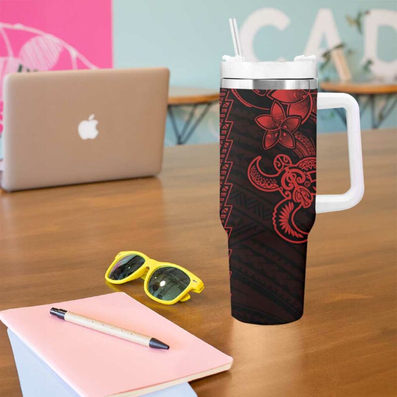 Red Hawaiian Kakau Turtle Polynesian Tribal Custom Stanley Quencher 40oz Stainless Steel Tumbler With Handle - Threewoofs - Image 5