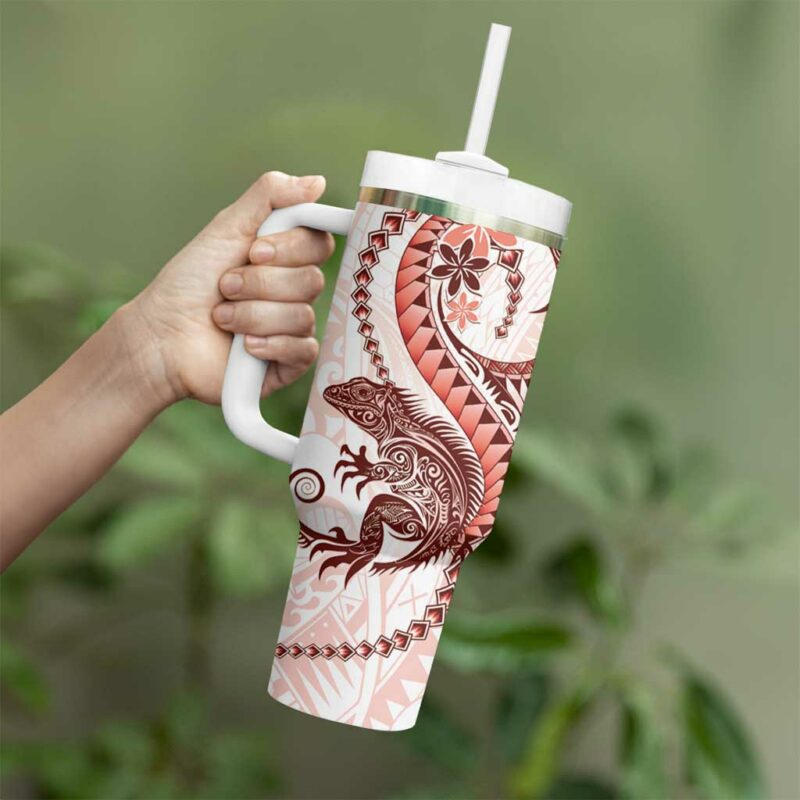 Red Maori Tuatara Luxury Pastel Custom Stanley Quencher 40oz Stainless Steel Tumbler With Handle - Threewoofs - Image 3