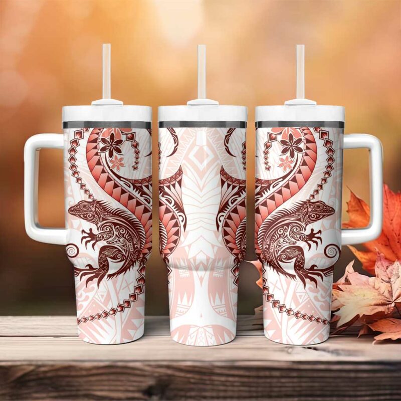 Red Maori Tuatara Luxury Pastel Custom Stanley Quencher 40oz Stainless Steel Tumbler With Handle - Threewoofs - Image 4
