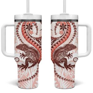 Red Maori Tuatara Luxury Pastel Custom Stanley Quencher 40oz Stainless Steel Tumbler With Handle - Threewoofs