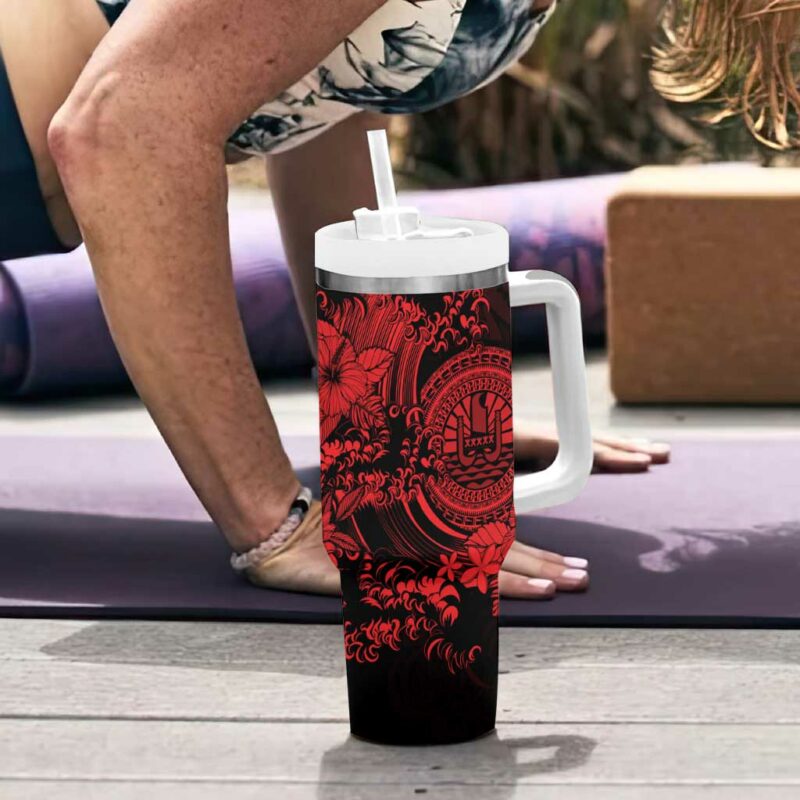 Red Polynesian Tahiti Island The Wave of Water Custom Stanley Quencher 40oz Stainless Steel Tumbler With Handle - Threewoofs - Image 6