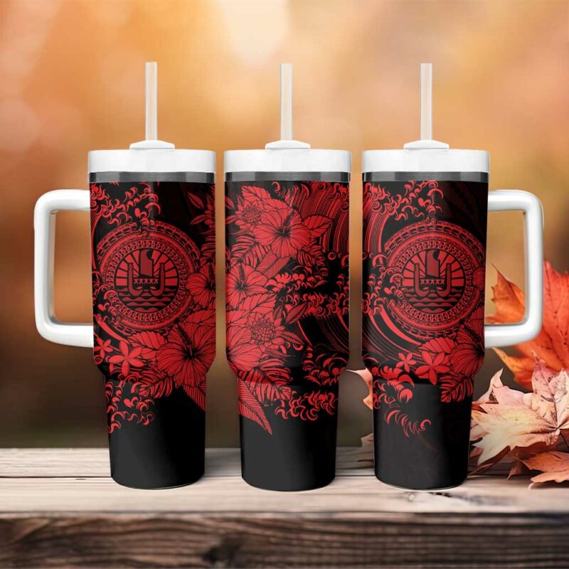 Red Polynesian Tahiti Island The Wave of Water Custom Stanley Quencher 40oz Stainless Steel Tumbler With Handle - Threewoofs - Image 4