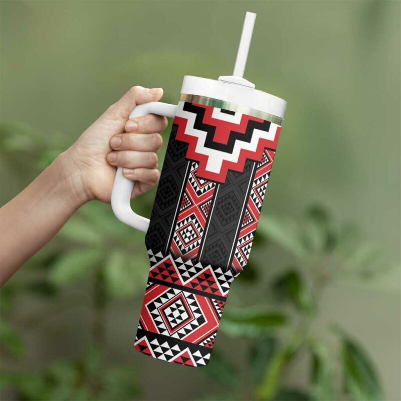 Red Taniko Aotearoa Niho Taniwha Mix Poutama Custom Stanley Quencher 40oz Stainless Steel Tumbler With Handle - Threewoofs - Image 3