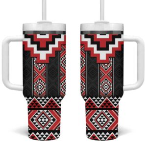 Red Taniko Aotearoa Niho Taniwha Mix Poutama Custom Stanley Quencher 40oz Stainless Steel Tumbler With Handle - Threewoofs