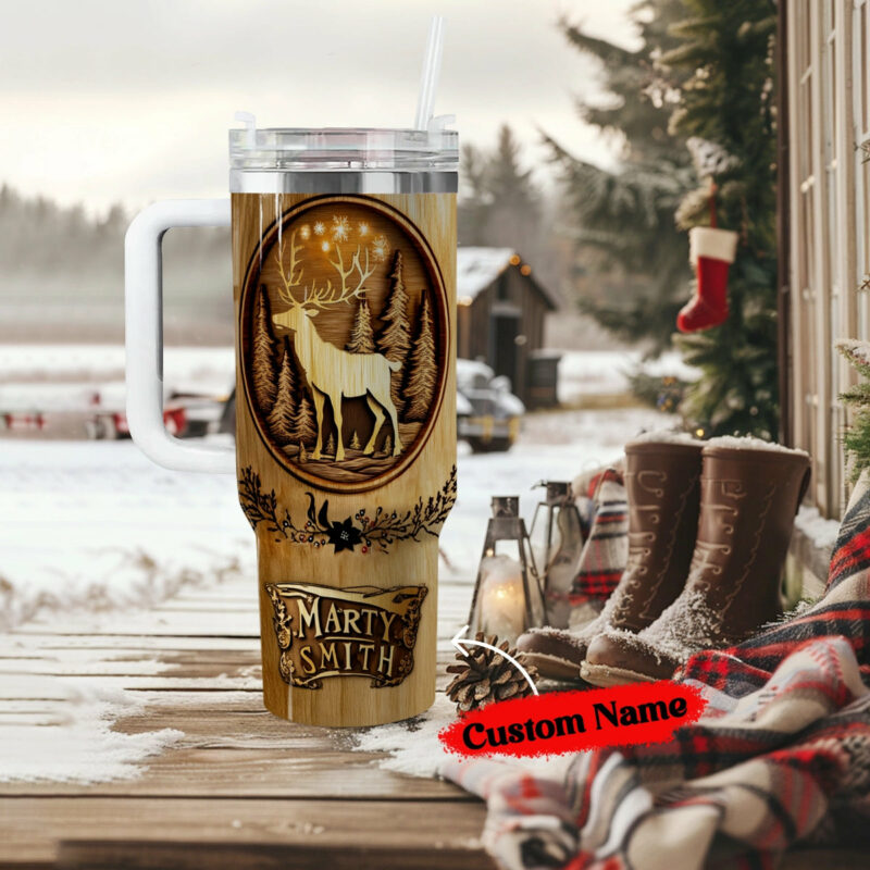 Reindeer Woodcut Christmas Custom Stanley Quencher 40oz Stainless Steel Tumbler With Handle - Threewoofs - Image 3