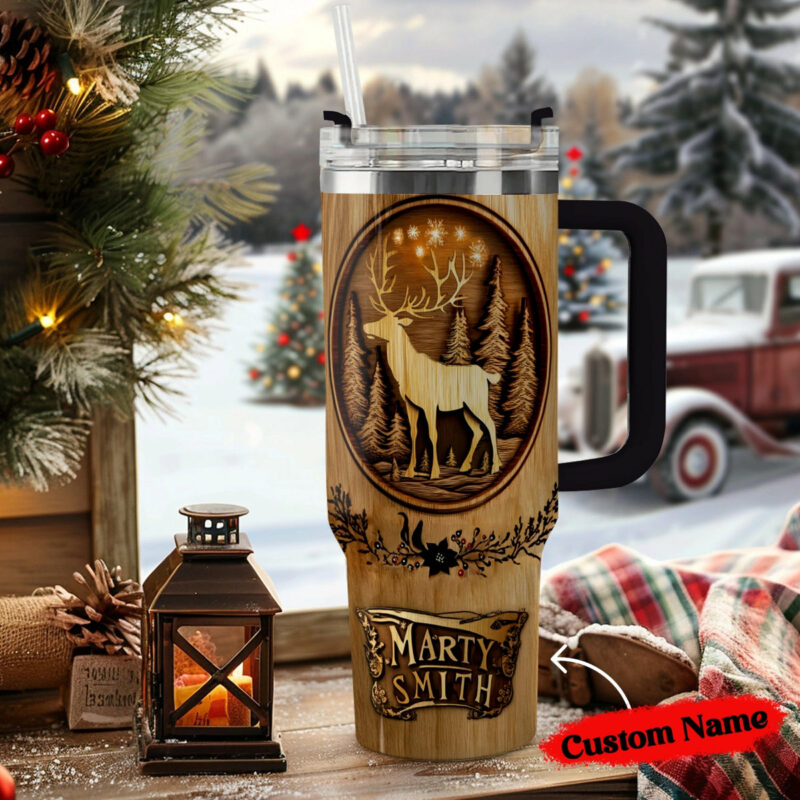 Reindeer Woodcut Christmas Custom Stanley Quencher 40oz Stainless Steel Tumbler With Handle - Threewoofs - Image 2
