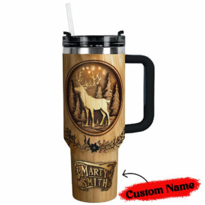 Reindeer Woodcut Christmas Custom Stanley Quencher 40oz Stainless Steel Tumbler With Handle - Threewoofs