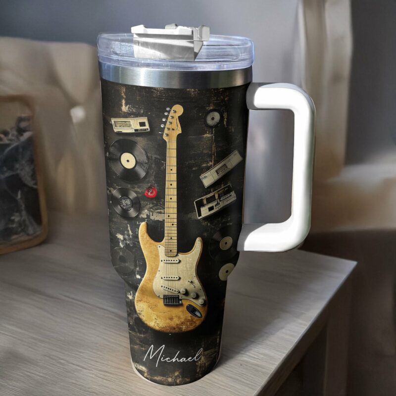 Retro Rhythm Guitar Custom Stanley Quencher 40oz Stainless Steel Tumbler With Handle - Threewoofs - Image 4