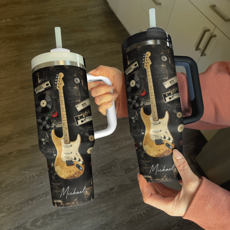 Retro Rhythm Guitar Custom Stanley Quencher 40oz Stainless Steel Tumbler With Handle - Threewoofs - Image 3
