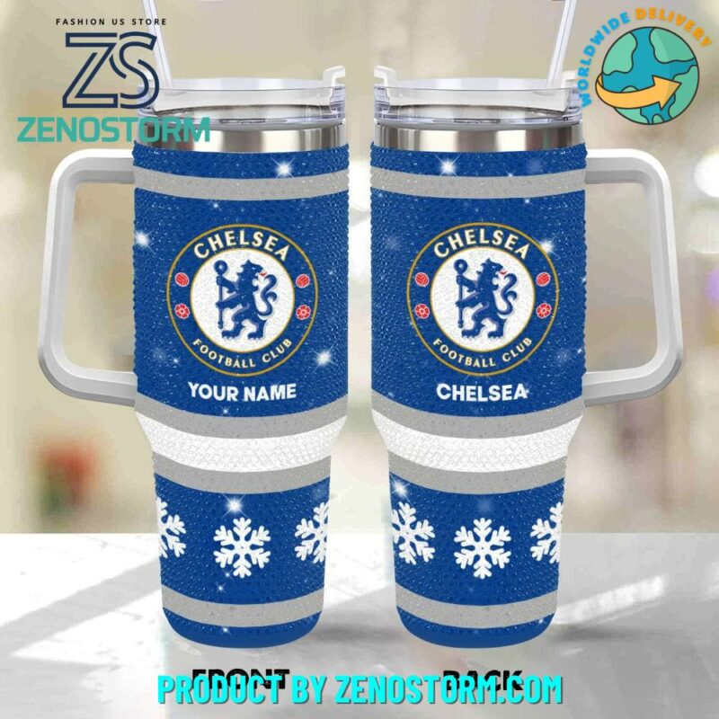 Rhinestone Bling Chelsea EPL Custom Stanley Quencher 40oz Stainless Steel Tumbler With Handle - Threewoofs