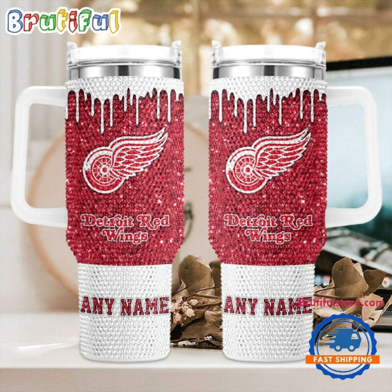 Rhinestone Bling Detroit Red Wings NHL Sports Custom Stanley Quencher 40oz Stainless Steel Tumbler With Handle - Threewoofs
