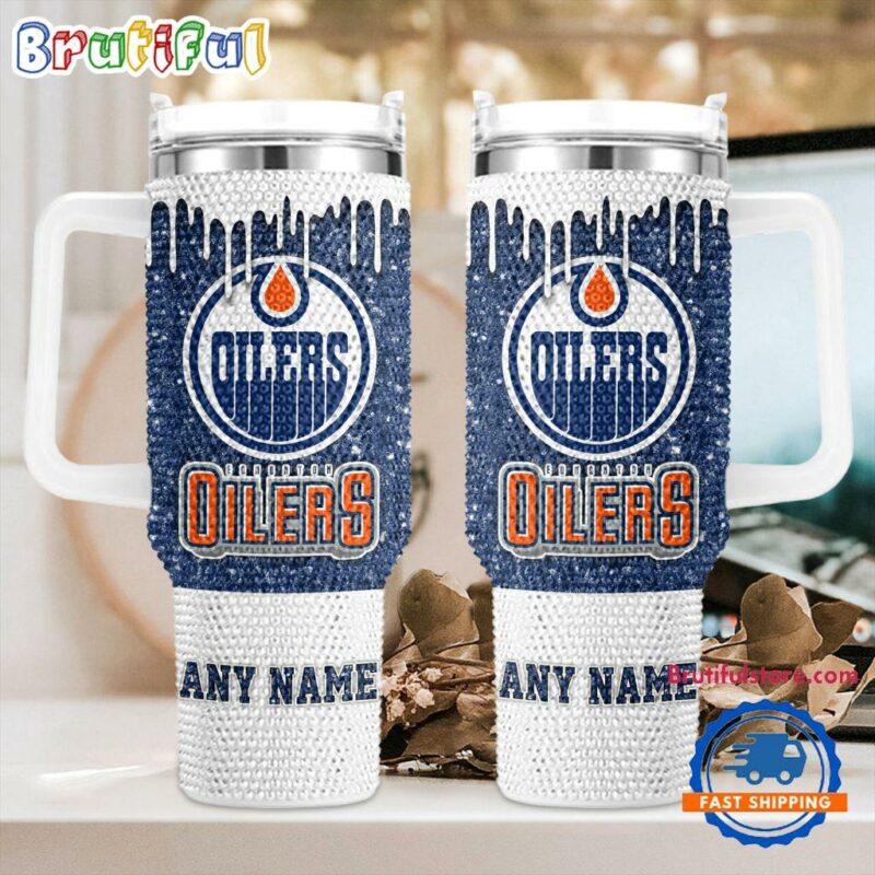 Rhinestone Bling Edmonton Oilers NHL Sports Custom Stanley Quencher 40oz Stainless Steel Tumbler With Handle - Threewoofs